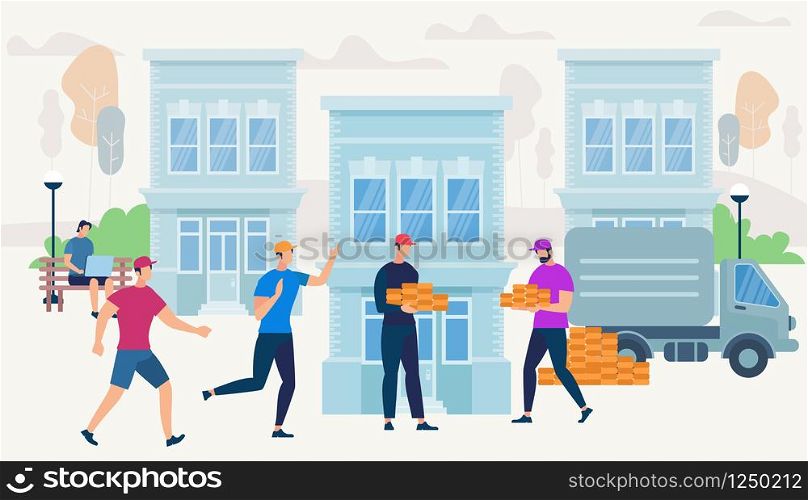 Workers Bring Bricks by Van Car Truck to Build New House. Men Characters, Builders Making Engineering Job on City Buildings Background. Guy with Laptop Sitting in Park Cartoon Flat Vector Illustration. Workers Bring Bricks by Van Car to Build House.