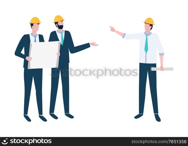 Workers character holding broadsheet, teamwork cooperation, group of people in helmets discussing, employees communication, men organization vector. Project Management, Workers Discussion Vector