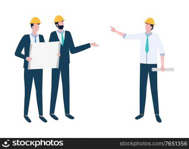 Workers character holding broadsheet, teamwork cooperation, group of people in helmets discussing, employees communication, men organization vector. Project Management, Workers Discussion Vector