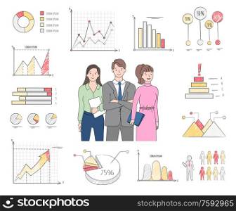 Workers character, set of drawing chart and diagram, graphs report in flat style, closeup view of cartoon man and woman, statistic report vector. Chart Report, Drawing Diagram, Workers Vector