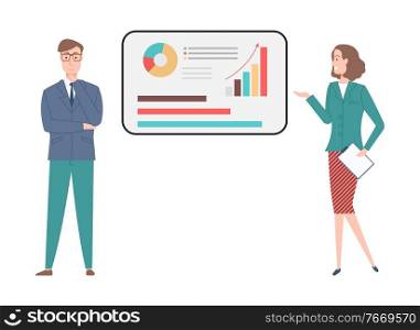 Workers character standing near board decorated by diagram and rising chart, employees man and woman portrait view and graphs presentation vector. Presentation with Charts, Man and Woman Vector