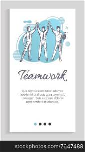 Workers characters holding hands employees cooperation, team strategy, business partnership colleagues standing together, teamwork slide vector. Website or app slider template, landing page flat style. Employees Cooperation, Teamwork Strategy Vector