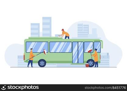 Workers cleaning and washing bus. Vehicle, detergent, work flat vector illustration. Service and public transport concept for banner, website design or landing web page