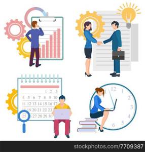 Workers communication with laptop, graph report and calendar icon. Company management and partnership, work deadline, employee handshake, innovation vector. Business Strategy, Partnership and Develop Vector