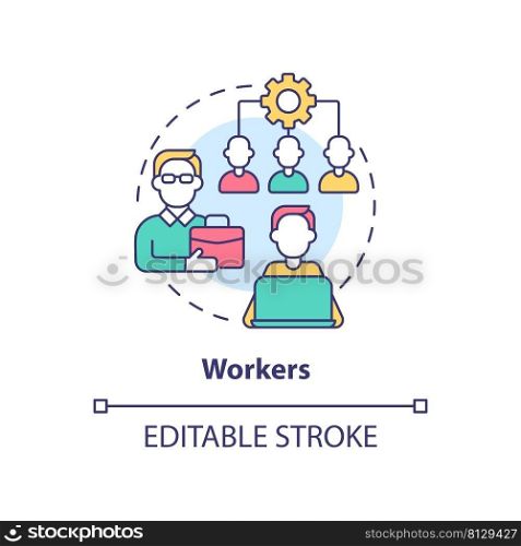 Workers concept icon. Category of cooperative members abstract idea thin li≠illustration. Daily busi≠ss operations. Isolated outli≠drawing. Editab≤stroke. Arial, Myriad Pro-Bold fonts used. Workers concept icon