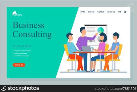 Workers consulting, need fresh ideas, management system analysis, profit growth formula. Skills and knowledge, business development online vector. Website or landing page flat style, webpage template. Fresh Ideas for Company, Workers Innovation Vector