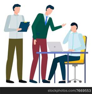 Workers cooperation and communicating with laptop in office. Employees discussing international business with China. Males colleagues working with paper report and pc wireless device indoor vector. International Business Work with China Vector