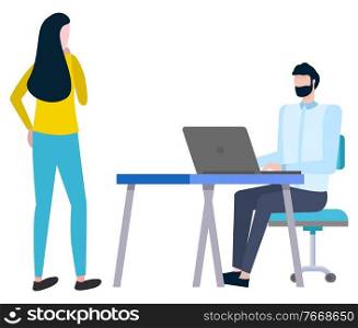 Workers creative business idea, man and woman teamwork. Person working with laptop on workplace, colleagues brainstorming, company innovation vector. Workers Brainstorming, Business Idea, Team Vector
