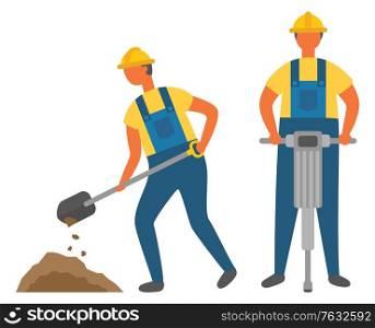 Workers digging and drilling ground, construction works. Men in hardhats and overalls, building process, spade or shovel, electric instrument. Vector illustration in flat cartoon style. Construction Works, Digging and Drilling Ground