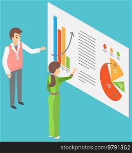 Workers discussing growing graph, statistics changes on poster. Employees analyze business reports with statistical indicators. People work with financial data research, analytics vector illustration. Workers discussing growing graph, statistics changes on poster. Employees analyze business reports