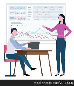 Workers discussing, statistical report, brokers man and woman on workplace. Portrait view of man using laptop, financial teamwork, marketing vector. Business consultant do analysis. Broker Deal, Marketing Technology, Buyer Vector