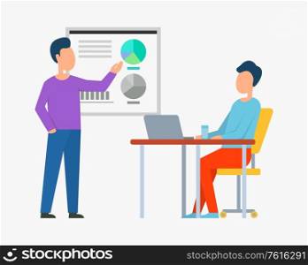 Workers discussing strategy, man standing near board with colorful diagrams, person sitting at table working with laptop, teamwork and cooperation vector. People Working with Diagram and Laptop Vector
