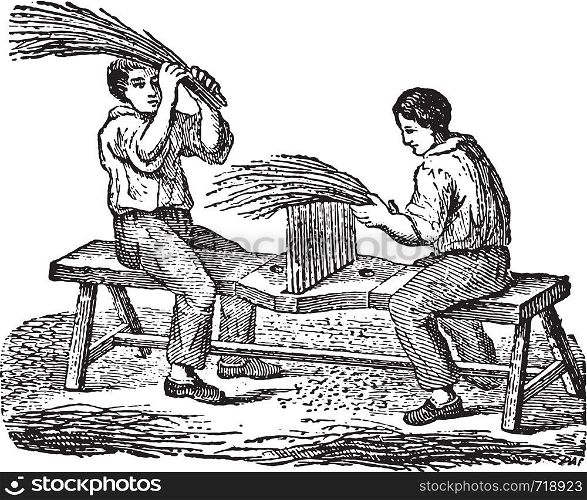 Workers fingering flax comb, vintage engraved illustration. Industrial encyclopedia E.-O. Lami - 1875.