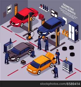 Workers fixing cars and changing tyres in auto service center 3d isometric vector illustration. Auto Service Isometric Illustration