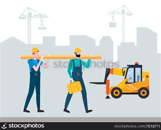 Workers going with log, forklift machine, skyscraper and jenny. Construction equipment, building technology, contactor and track, transportation vector. Building Equipment, Contractor and Forklift Vector