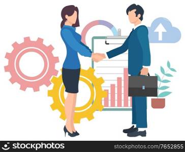 Workers handshake, employees collaboration, company success. Graph report and development icon, team cooperation, business contract, agreement vector. Business Agreement, Leadership Handshake Vector