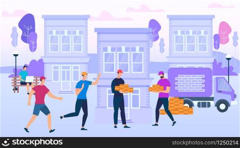Workers Holding Bricks on City Buildings Background. People Working Together to Build New House. Men Characters Builder and Engineering Job. Van Car, Guy with Laptop. Cartoon Flat Vector Illustration. Workers Holding Bricks on City Building Background