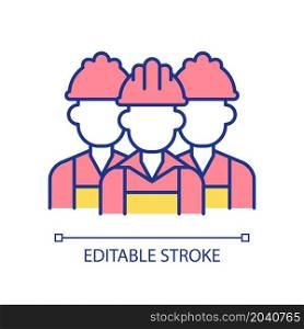Workers in helmet group RGB color icon. Successful teamwork. Choosing contractors for project realization. Isolated vector illustration. Simple filled line drawing. Editable stroke. Workers in helmet group RGB color icon