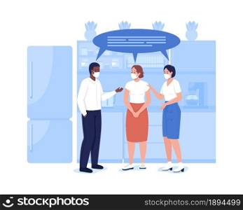 Workers in masks 2D vector isolated illustration. Lunch break in corporate kitchen. Employee in respiratory face masks flat characters on cartoon background. After covid workplace colourful scene. Workers in masks 2D vector isolated illustration
