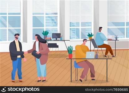 Workers in office, height of working day. Woman and man shake hands as cooperation sign. Men working on laptops. Spacious office space, panoramic windows, shutters, workplace equipment. Flat image. The team works in office. Making deal. Employees work on laptops in modern office space. Flat image