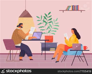 Workers in office, man sitting at table under lamp and working with document, report using laptop, internet, woman reading agreement, businesspeople working in stylish office with decorative elements. Workers in office, man sitting at table and working with document, report using laptop, internet
