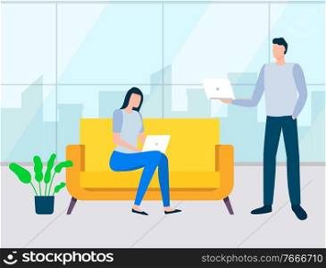 Workers in office vector, distant worker with laptop and computer flat style. Man and woman with gadget, room with plants and cozy sofa to sit comfortably. People Working in Cozy Workplace Man and Woman