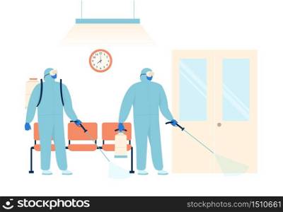 Workers in protective special clothing and medical mask sprays disinfectant for preventive against the spread of the COVID-19 the novel coronavirus in the hospital. Vector illustration. Workers in protective special clothing and medical mask sprays disinfectant for preventive against the spread of the COVID-19 the novel coronavirus in the hospital. Vector illustration.