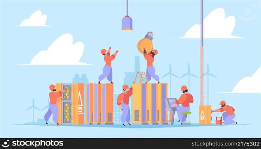 Workers install electric. Electrician workers repair processes engineering hard job garish vector illustrations person in flat style. Electrician worker, electricity maintenance, install utility. Workers install electric. Electrician workers repair processes engineering perfect hard job garish vector illustrations persons in flat style