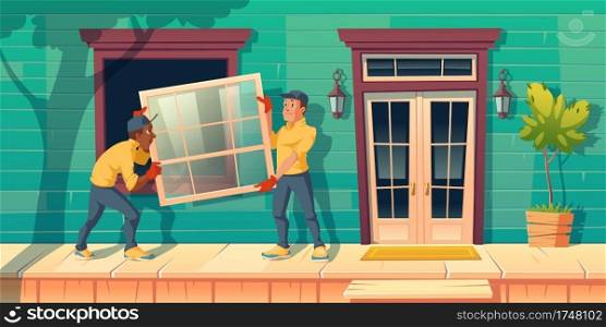 Workers install glass window at house. Construction and repair works service. Vector cartoon illustration of modern cottage facade with wooden porch and handymen carry plastic window. Workers install glass window at house