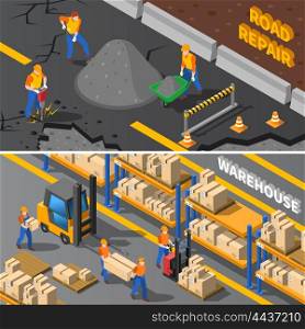 Workers Isometric Banners Set . Workers Isometric Concept. Road Workers Horizontal Banners. Construction Workers Vector Illustration. Warehouse Workers Set. Workers Design Symbols.Workers Elements Collection. Worker People Compositions.