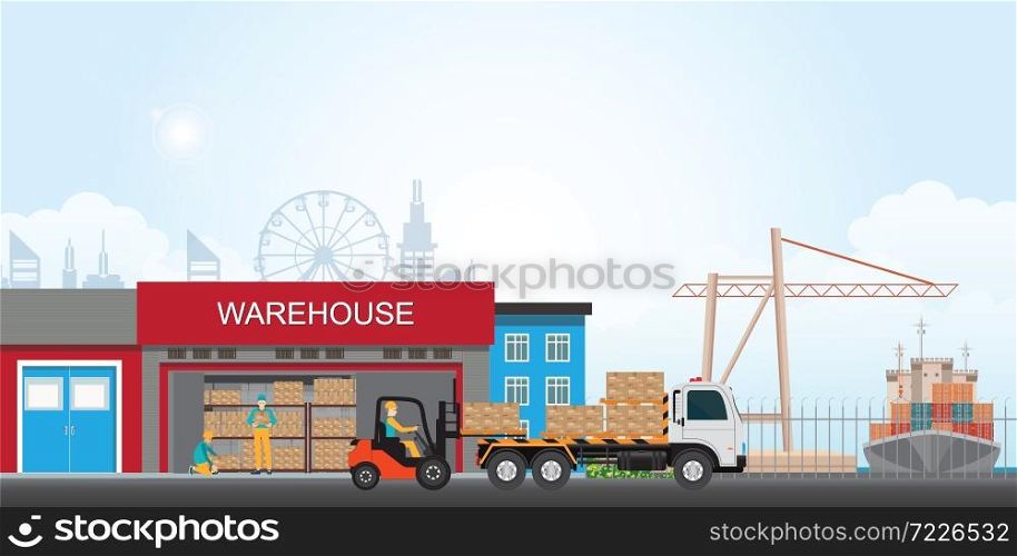 Workers loading the truck with packaged goods at the industrial warehouse with a forklift truck, vector illustration.