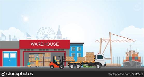 Workers loading the truck with packaged goods at the industrial warehouse with a forklift truck, vector illustration.