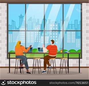 Workers man and woman communicating with laptop in office. Male and female colleagues discussing work and communicating with computer. People in urban place with skyscraper view form window vector. People Colleagues with Pc in Urban Place Vector