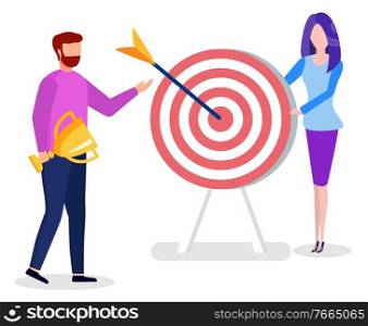 Workers man holding cup and woman with target and arrow in center. Learning online of business strategy and success. Educational technology of male and female with victory and profit object vector. People Learning Successful Strategy Online Vector