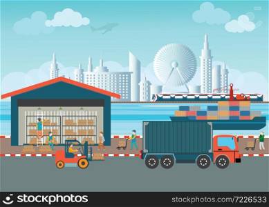 Workers of warehouse load boxes and pallet to stacks using forklifts, Industrial warehouse with trucks and cargo ships, logistics vector illustration.