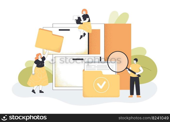 Workers organizing data storage flat vector illustration. Women putting folders in cabinet. Man searching for document in folder. Organized archive, database, information concept 