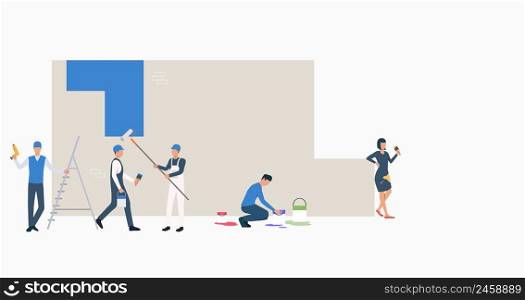 Workers painting wall in blue color. Male and female cartoon characters working at construction site. Vector illustration for repair service, article, club