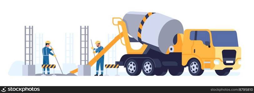 Workers pour cement from concrete truck. Mixer machine. Building material transportation. Architecture construction foundament. Industrial vehicle. Working lorry. Builders in uniform. Vector concept. Workers pour cement from concrete truck. Mixer machine. Building material transportation. Architecture construction foundament. Industrial vehicle. Builders in uniform. Vector concept