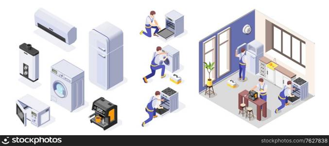 Workers repairing home appliances icons set and composition isolated on white background 3d isometric vector illustration
