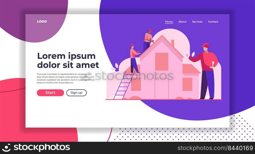 Workers repairing roof. Constructor group, roofers, foreman, house flat vector illustration. Renovation, housekeeping, improvement concept for banner, website design or landing web page