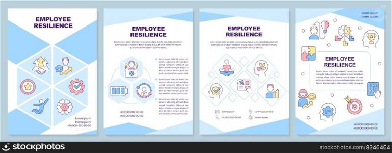 Workers resilience blue brochure template. Employee wellbeing. Leaflet design with linear icons. Editable 4 vector layouts for presentation, annual reports. Arial-Black, Myriad Pro-Regular fonts used. Workers resilience blue brochure template