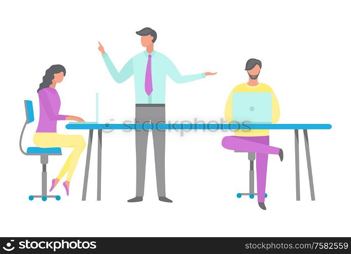 Workers sitting at table working with laptop, standing manager rising hands, teamwork in office, flat style of workplace isolated on white vector. Manager and Workers in Office, Flat Style Vector