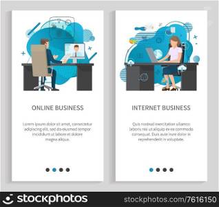 Workers using laptop, people working with computer, internet business, retail online, wireless device, man and woman on workplace, commerce vector. Website or app slider, landing page flat style. People Working with Laptop on Workplace Vector