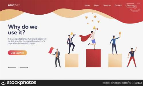 Workers winning awards. Award, competition, cup. Prize, ceremony, team interaction. Efficiency concept. Vector illustration can be used for topics like business, work, time management