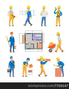 Workers with floor planning vector, isolated engineers workers with tools, man building wall and woman with paint roller and bucket of liquid flat style. Workers with Tools and Planning Engineers Vector