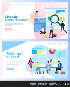 Workers with laptops, man with loupe and gadgets, woman holding computer. Modern page of financial statements analysis and technical support vector. Website template, landing page in flat style. Page of Finances and Technical Support vector