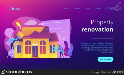 Workers with paintbrush and wrench improving the house. House renovation, property renovation, house remodeling and onstruction services concept. Website vibrant violet landing web page template.. House renovation concept landing page.