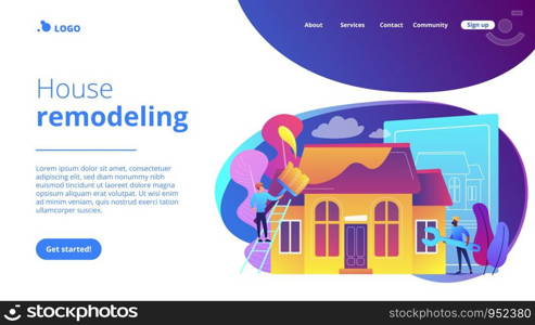 Workers with paintbrush and wrench improving the house. House renovation, property renovation, house remodeling and onstruction services concept. Website vibrant violet landing web page template.. House renovation concept landing page.