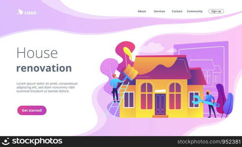 Workers with paintbrush and wrench improving the house. House renovation, property renovation, house remodeling and onstruction services concept. Website vibrant violet landing web page template.. House renovation concept landing page.