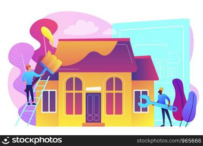 Workers with paintbrush and wrench improving the house. House renovation, property renovation, house remodeling and onstruction services concept. Bright vibrant violet vector isolated illustration. House renovation concept vector illustration.